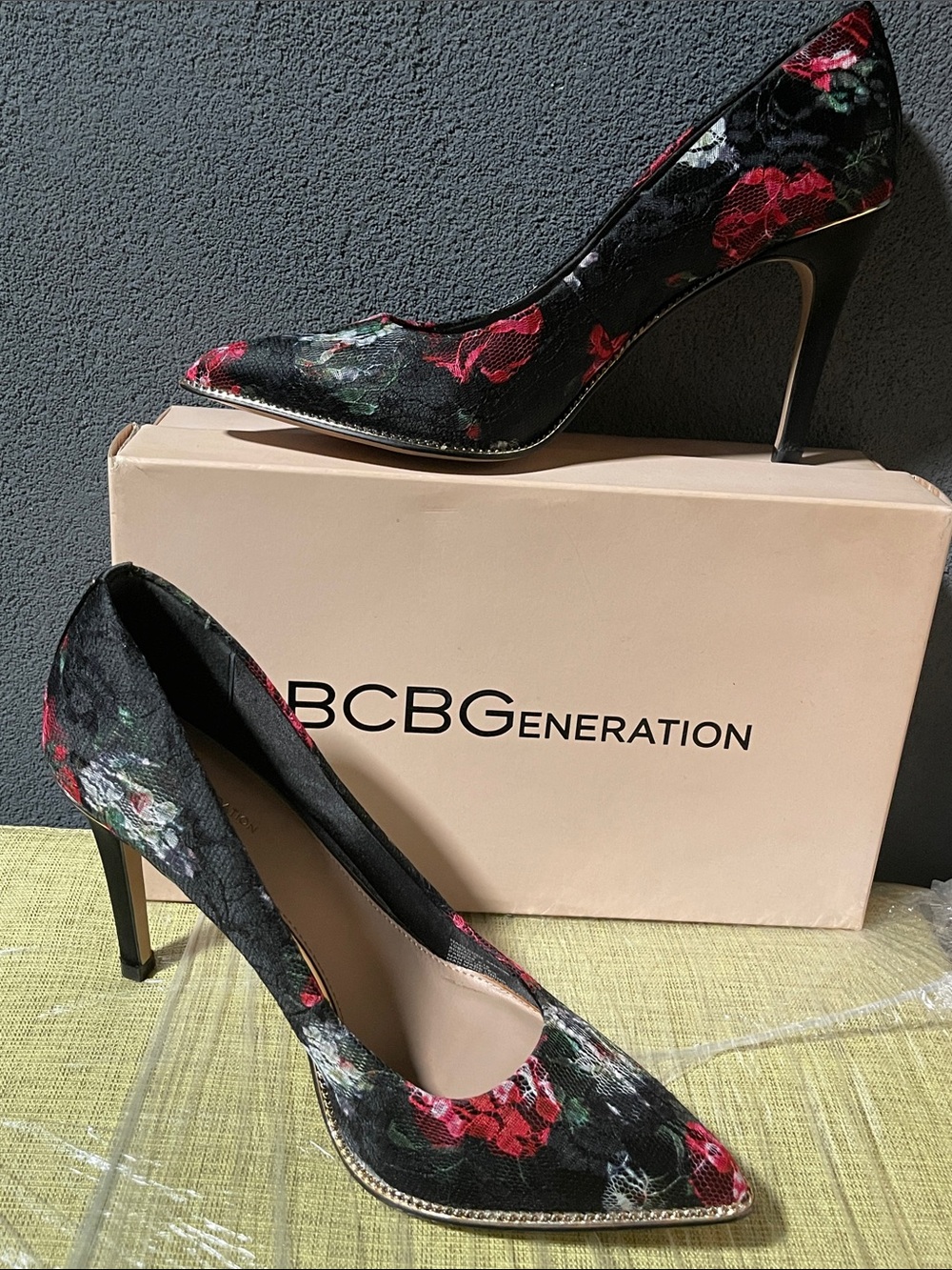 BCBGeneration Black Floral Pointed Toe Stiletto Pumps with Red and Green Accents